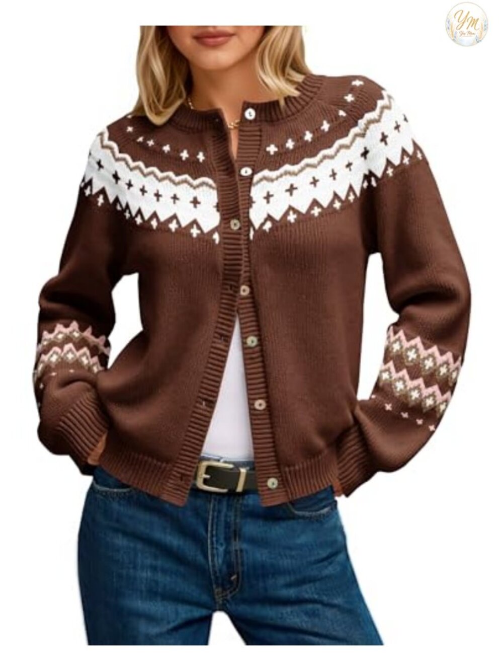 Fair Isle Button Up Cardigan Long Sleeve Crew Neck Knit Sweater Coat